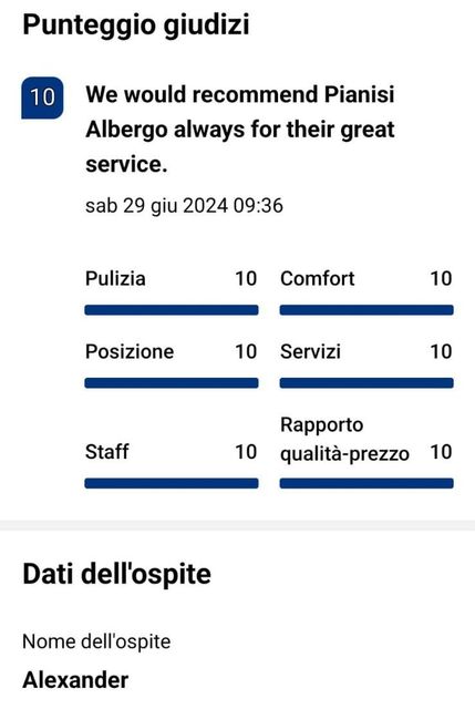 Recensione del Pianisi Albergo con punteggio perfetto. "Consigliamo sempre il Pianisi Albergo per il loro ottimo servizio".