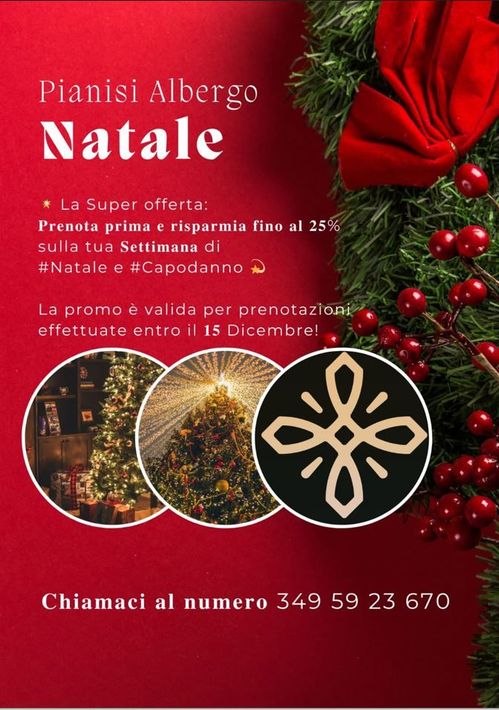 Manifesto promozionale per l'Albergo Natale di Pianisi. Sfondo rosso con decorazioni natalizie, testo e numero di telefono.