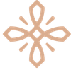 Emblema floreale color marrone chiaro con quattro petali ricurvi verso l'esterno e otto raggi.