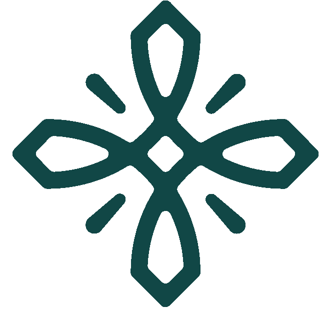 Emblema floreale simmetrico color verde acqua scuro con linee radianti.