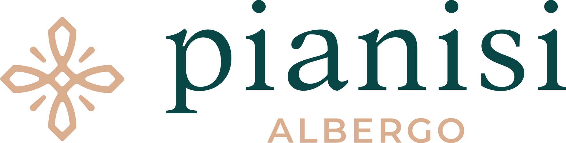 Logo per Pianisi Albergo, testo in verde acqua e beige, con motivo floreale beige.