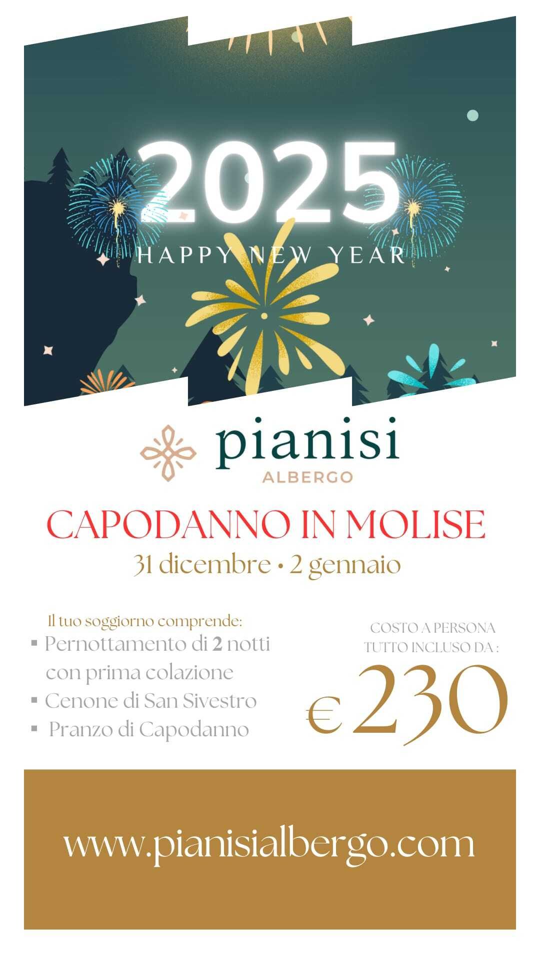 Pubblicità di Capodanno per l'Albergo Pianisi in Molise, con grafica del 2025 e prezzo di 230 €.