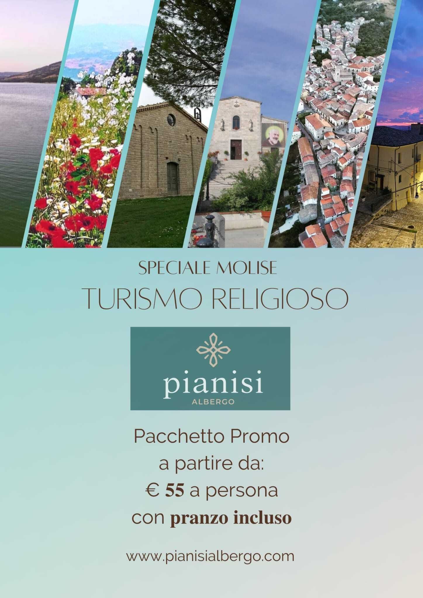 Manifesto promozionale: varie scene italiane con testo per un pacchetto di viaggio 
