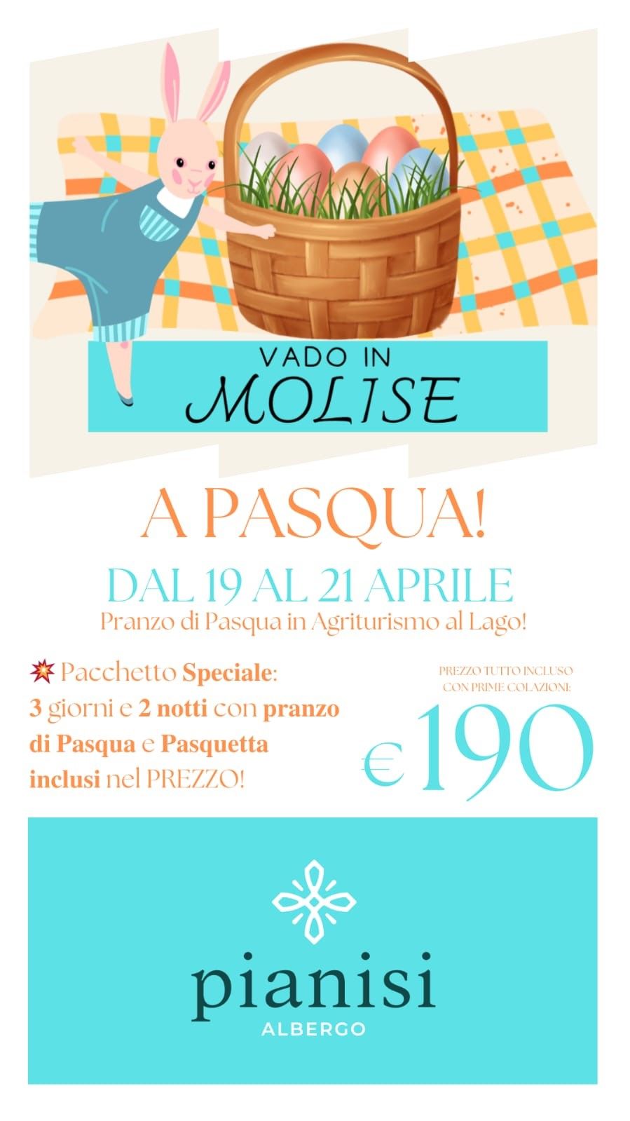 Pubblicità turistica di Pasqua per il Molise, Italia. Cesto di uova, coniglietto, testo su sfondo turchese. Prezzo: 190 €.