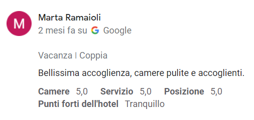 Recensione di un hotel di Marta Ramaioli. Tra i punti di forza: camera pulita e buon servizio.