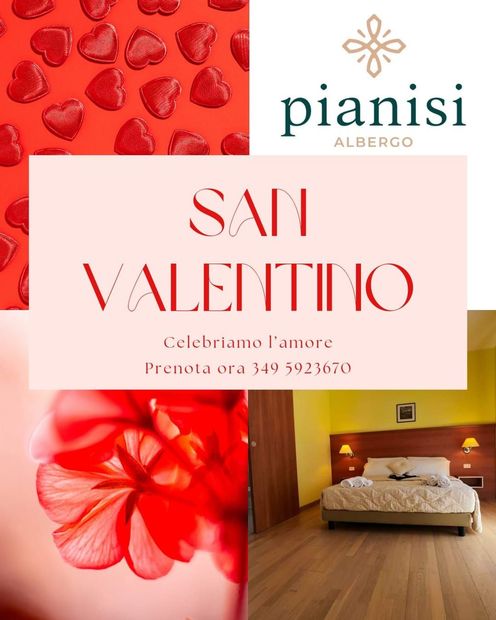 Promozione di San Valentino: cuori rossi, fiori, camera d'albergo e testo
