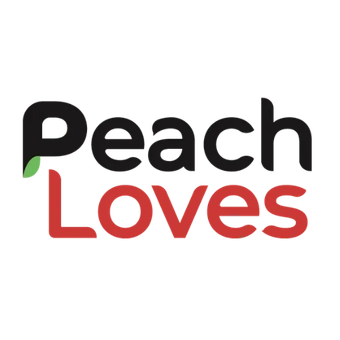 Peach Loves logo with black and red text and a small green leaf accent
