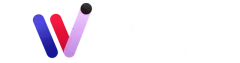 Abstract purple, blue, and pink stylized "W" logo with a black dot on white background