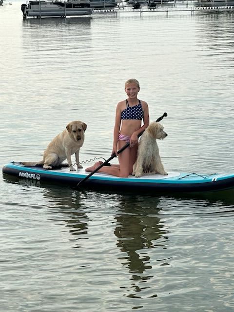 A girl and two dogs are on a paddle board in the water.