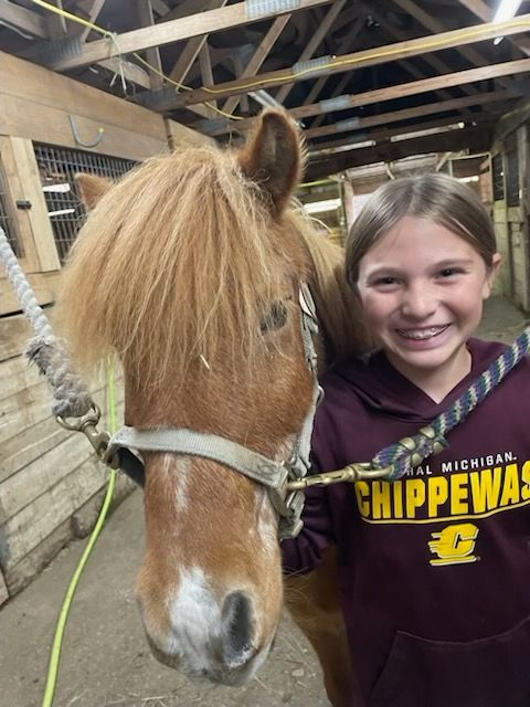 A girl wearing a chippewas sweatshirt is standing next to a brown horse.