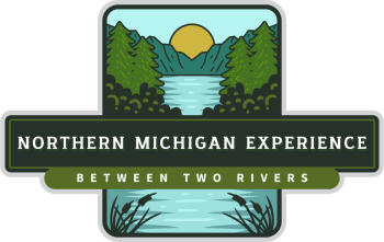 Logo for Northern Michigan Experience: landscape with river, trees, and sun. Text: "Northern Michigan Experience Between Two Rivers".