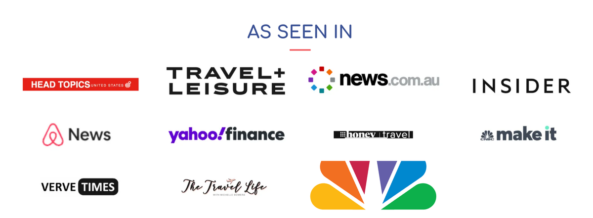 Press logos: Head Topics, Travel + Leisure, news.com.au, Insider, Airbnb News, Yahoo Finance, Honey Travel, CNBC Make It, Verve Times, The Travel Life, NBC