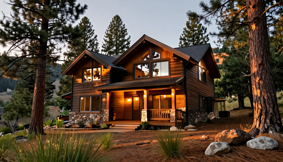 Mountain cabin among pines at golden hour