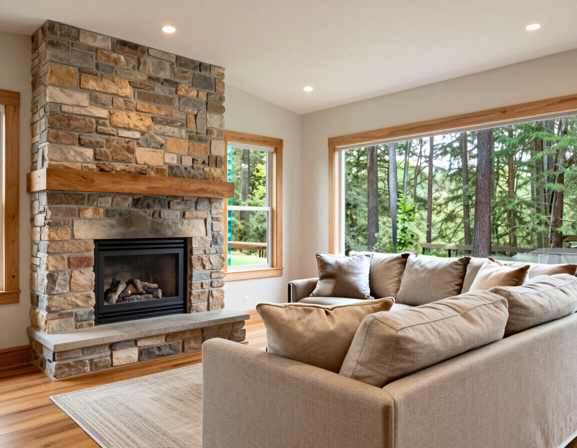 Cozy cabin living room with a stone fireplace