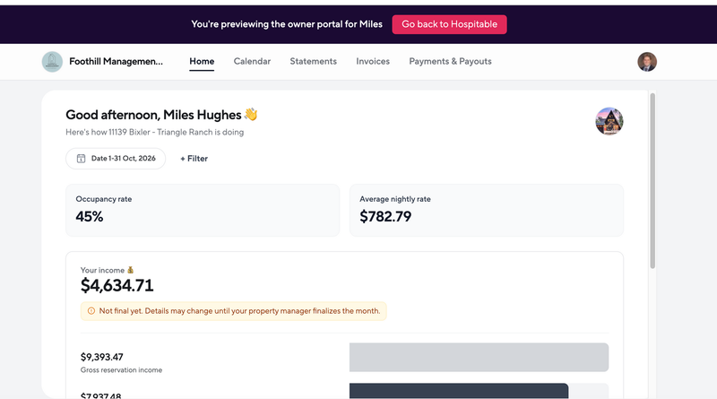 Owners portal dashboard showing occupancy, nightly rate and income
