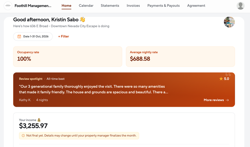 Owners portal home with occupancy rate, review spotlight and income