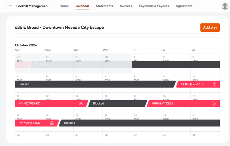 Owners portal calendar showing bookings and blocked dates