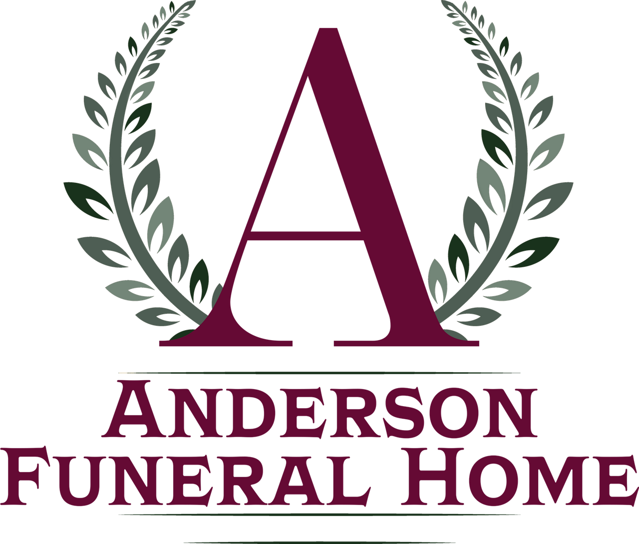 Logo for Anderson Funeral Home: A burgundy "A" within a green laurel wreath, with text "ANDERSON FUNERAL HOME."