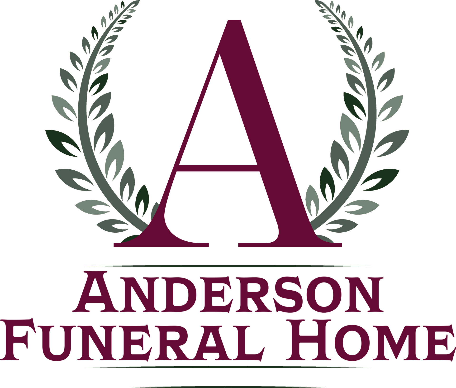 Logo for Anderson Funeral Home: A burgundy "A" within a green laurel wreath, with text "ANDERSON FUNERAL HOME."