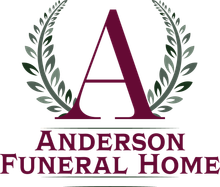 Logo for Anderson Funeral Home: A burgundy "A" within a green laurel wreath, with text "ANDERSON FUNERAL HOME."