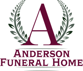 Logo for Anderson Funeral Home: A burgundy "A" within a green laurel wreath, with text "ANDERSON FUNERAL HOME."