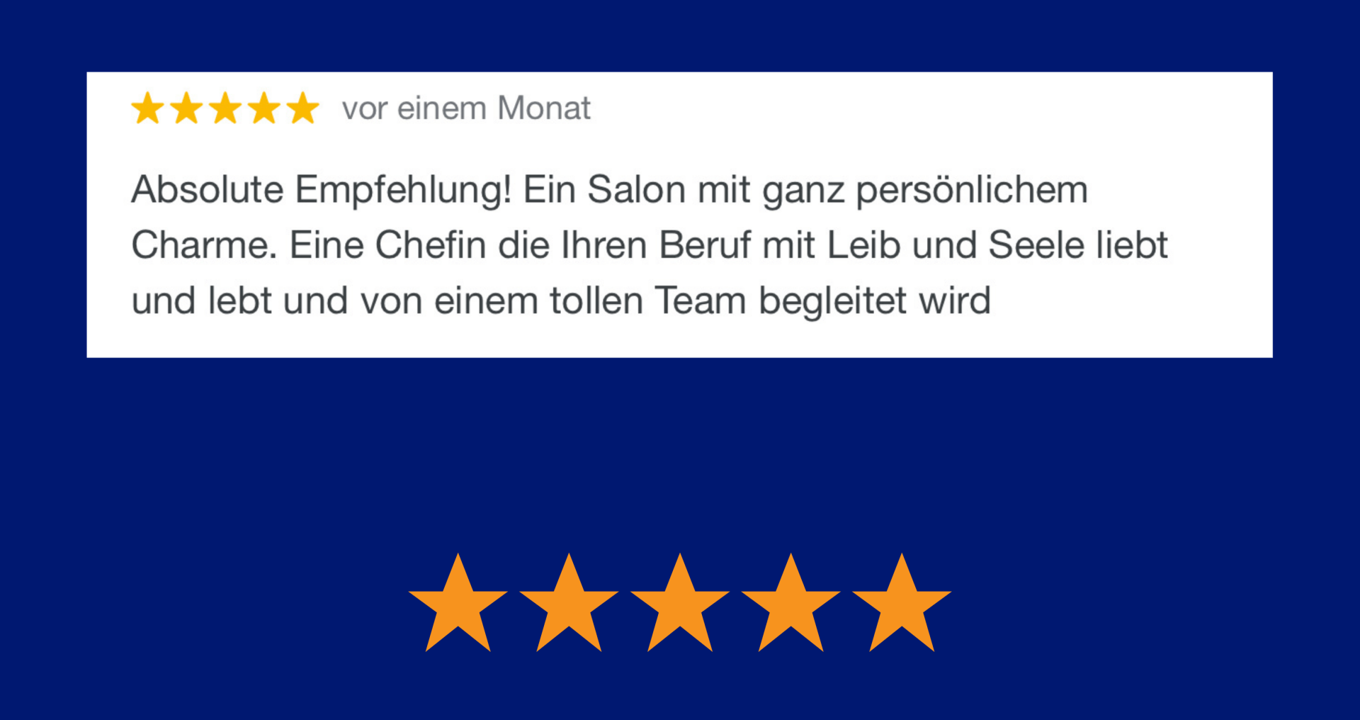 Bewertung mit Sternen, „Absolute Empfehlung!“ lobt den persönlichen Charme