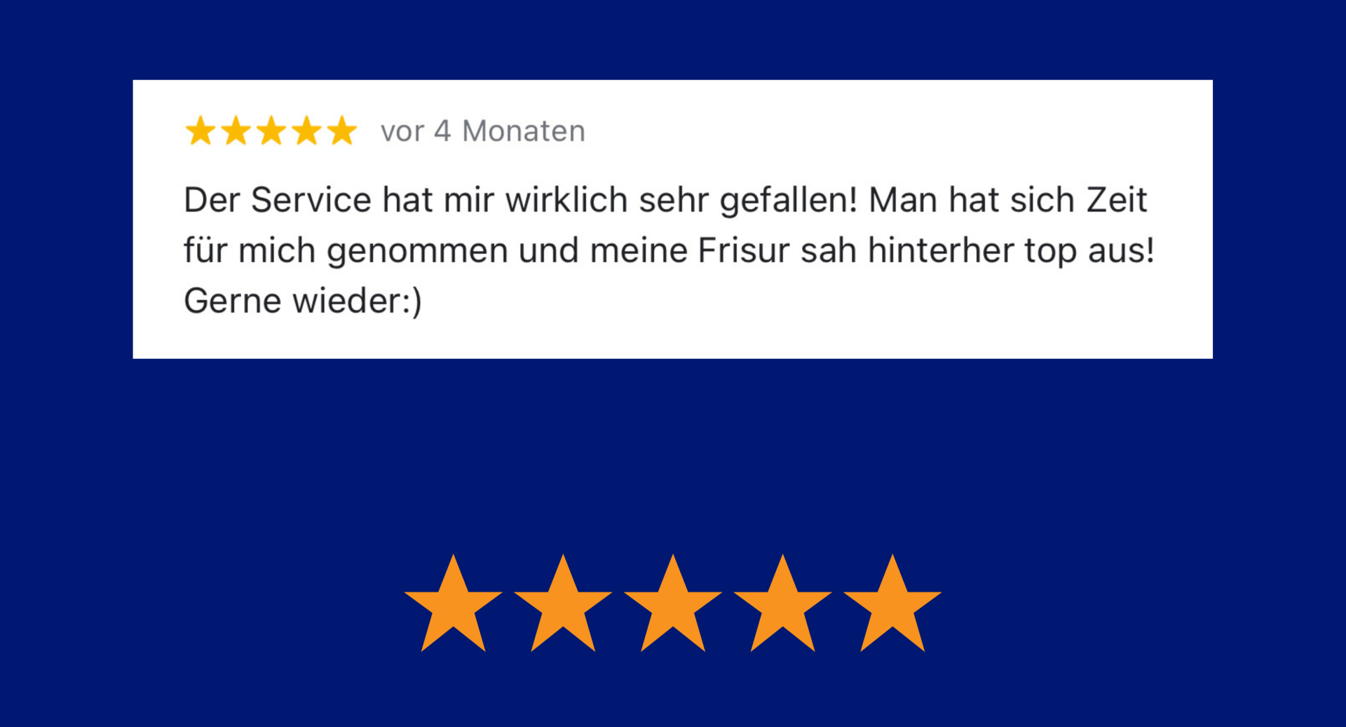 Bewertung mit 5 Sternen: „Service hat mir sehr gut gefallen! Hat sich Zeit für mich genommen.