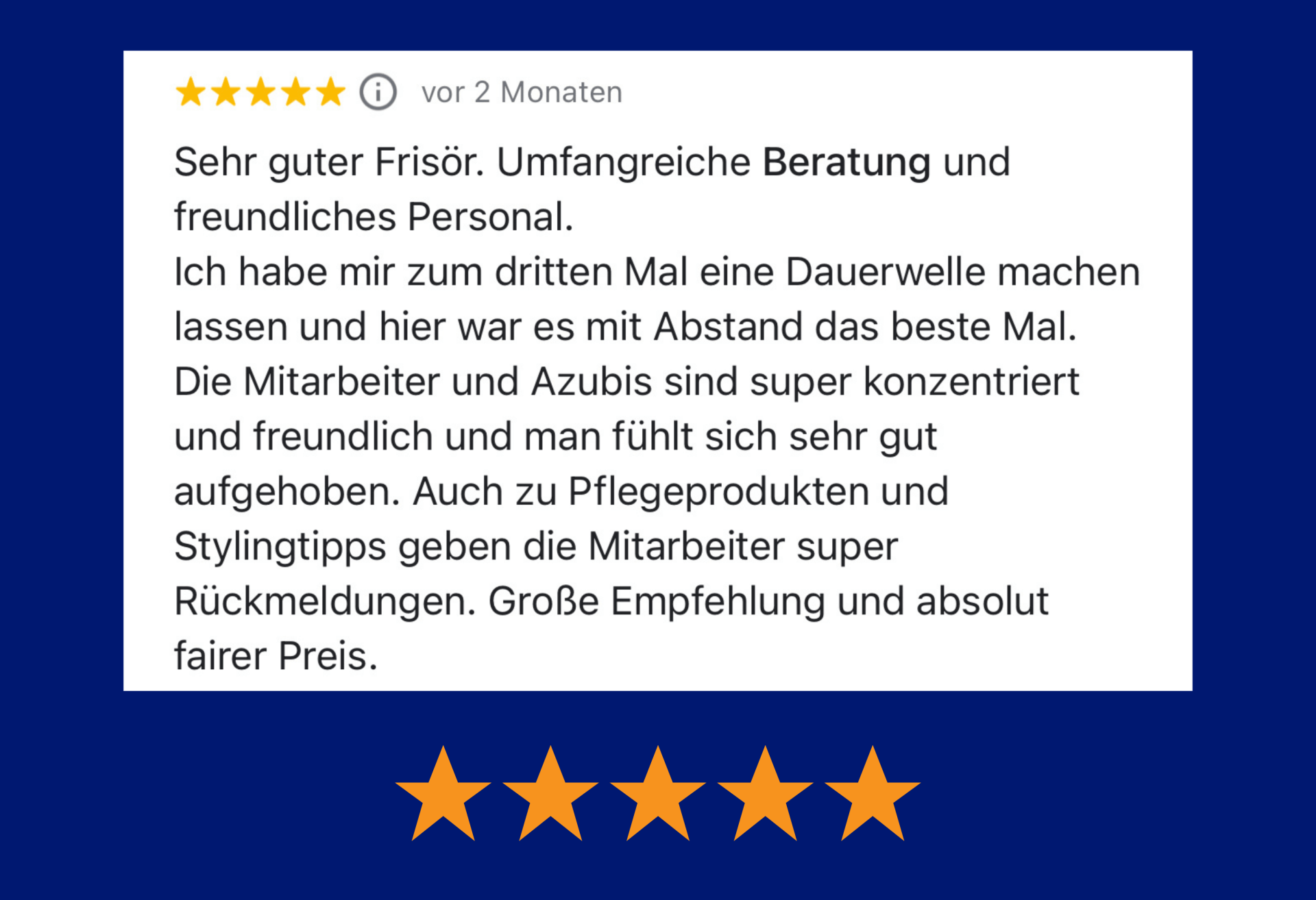 Bewertung eines Friseursalons mit 5 Sternen; positive Kommentare 