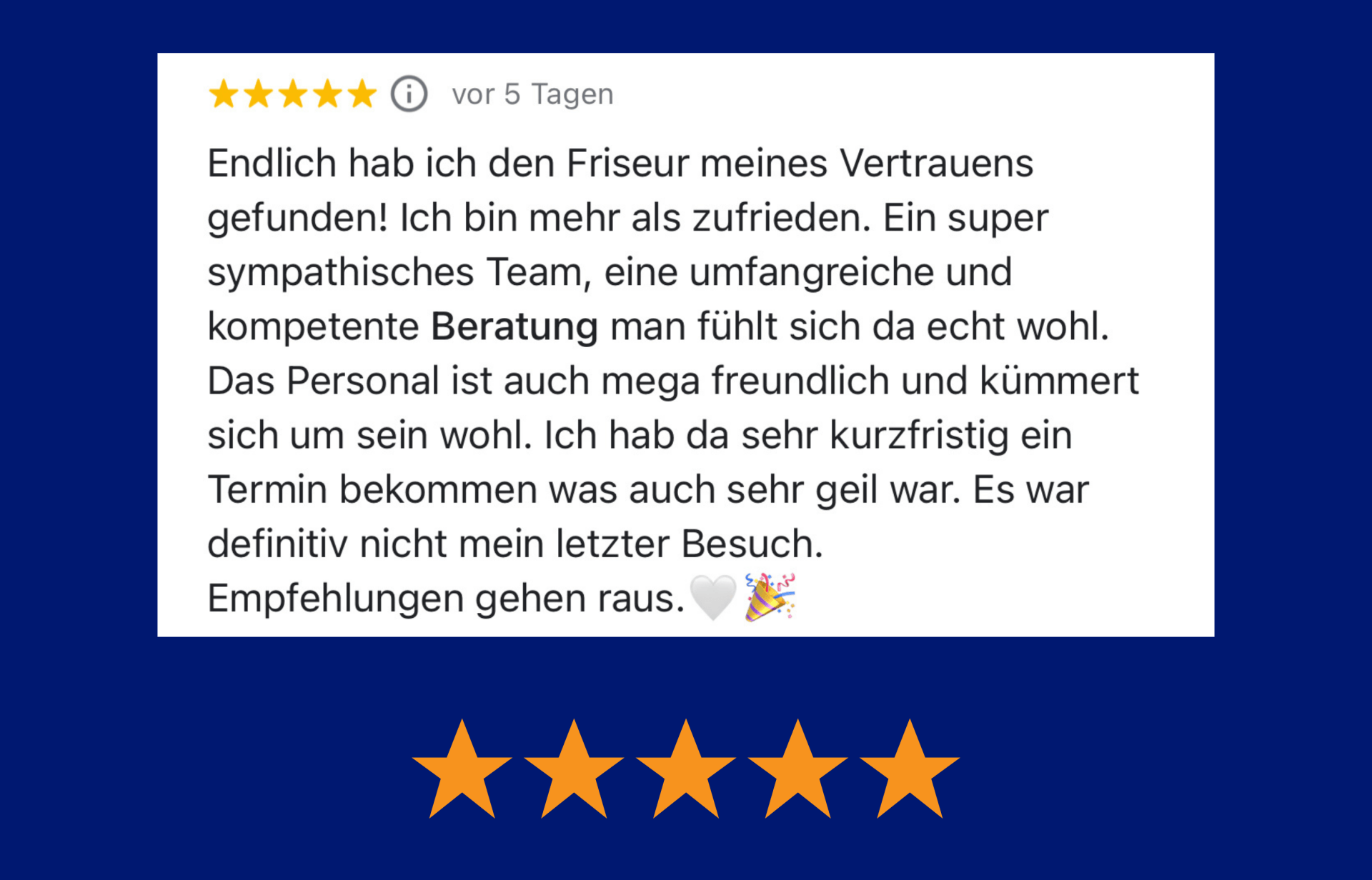 Bewertung eines Friseursalons: fünf Sterne, positive Kundenerfahrung, Erwähnung freundlicher