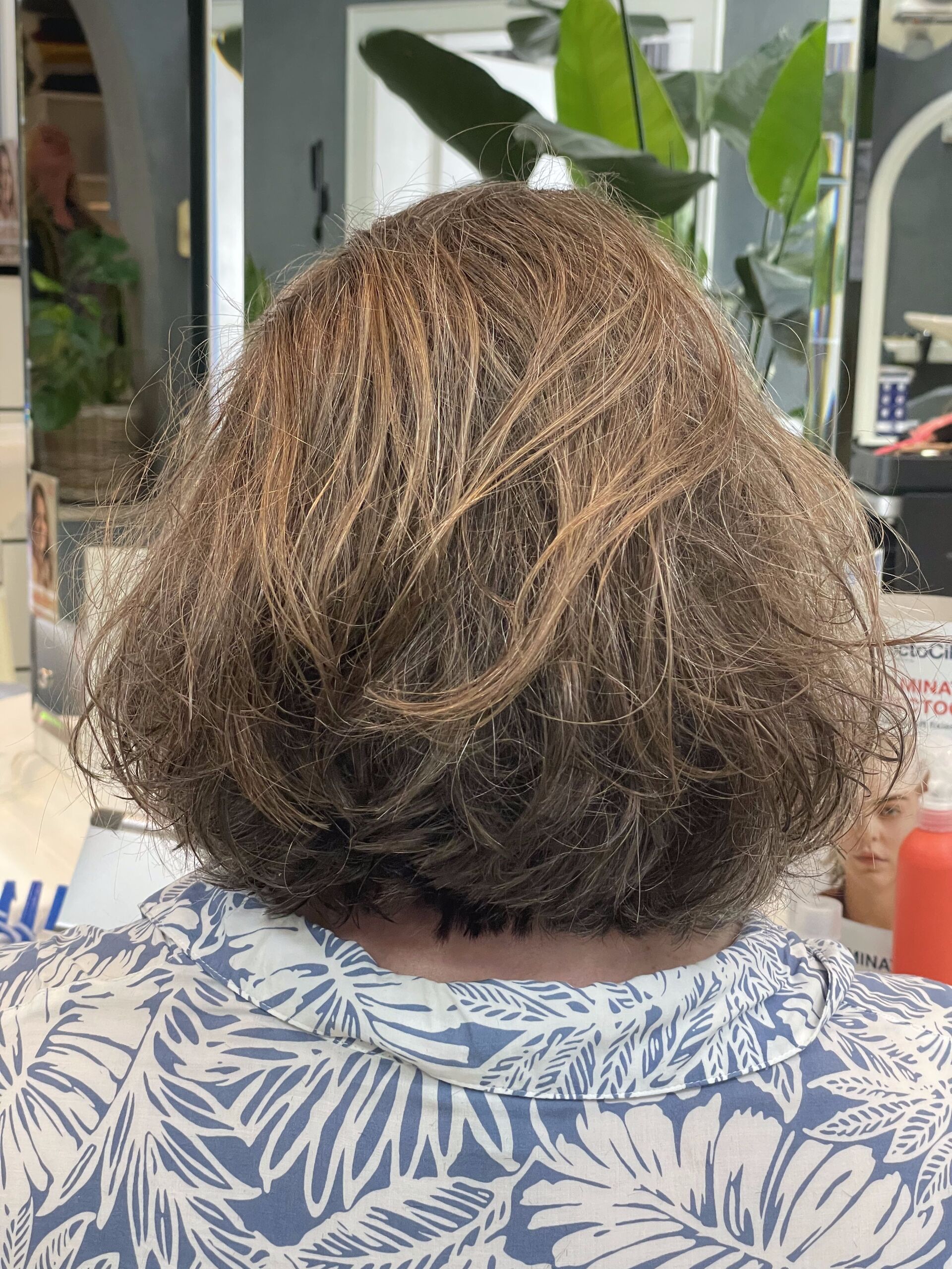 Rücken einer Person mit kurzem, gestuftem braunem Haar und gemustertem blau-weißem Hemd in einem Salon.