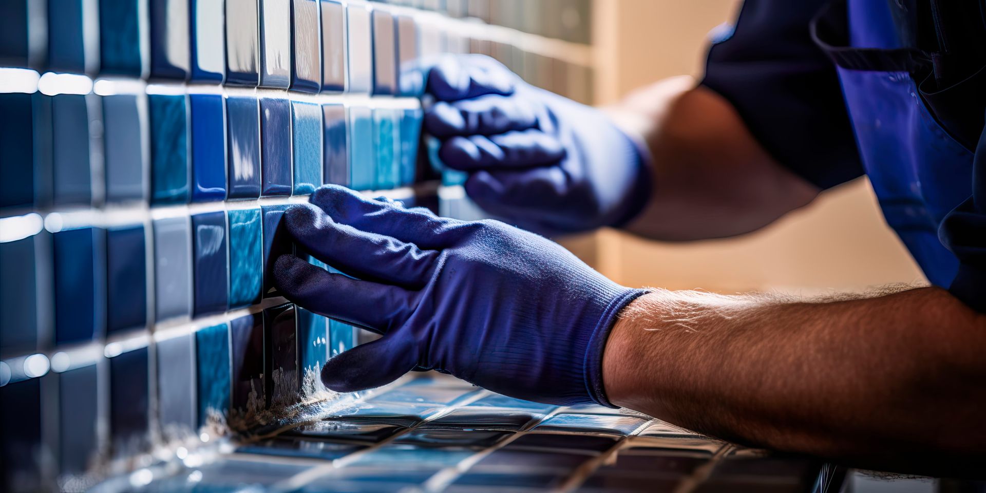 A man wearing blue gloves is cleaning a tile wall with a brush.