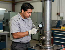 Técnico verificando cilindro hidráulico