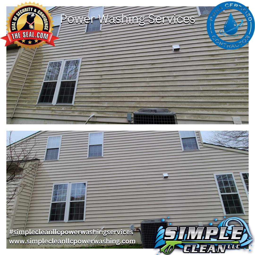 Before-and-after of a house siding cleaning. The upper section is dirty, the lower section clean.