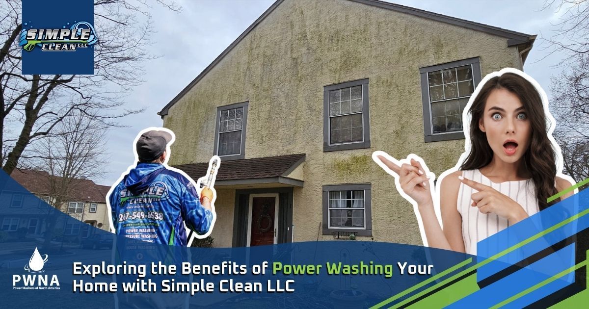 House being power washed; woman points, surprised. Simple Clean LLC logo present.