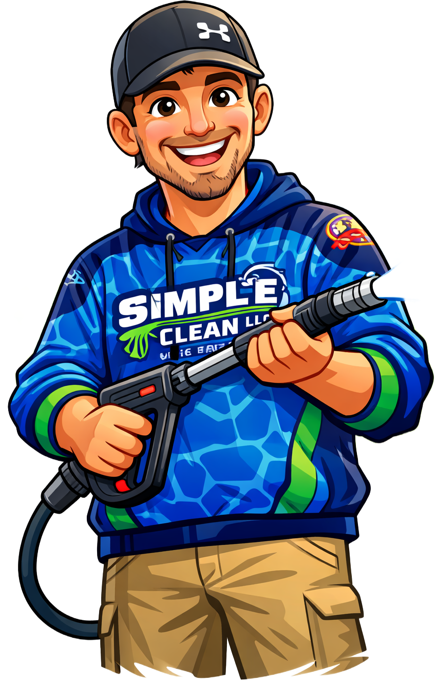 Man holding a pressure washer, wearing a blue hoodie with