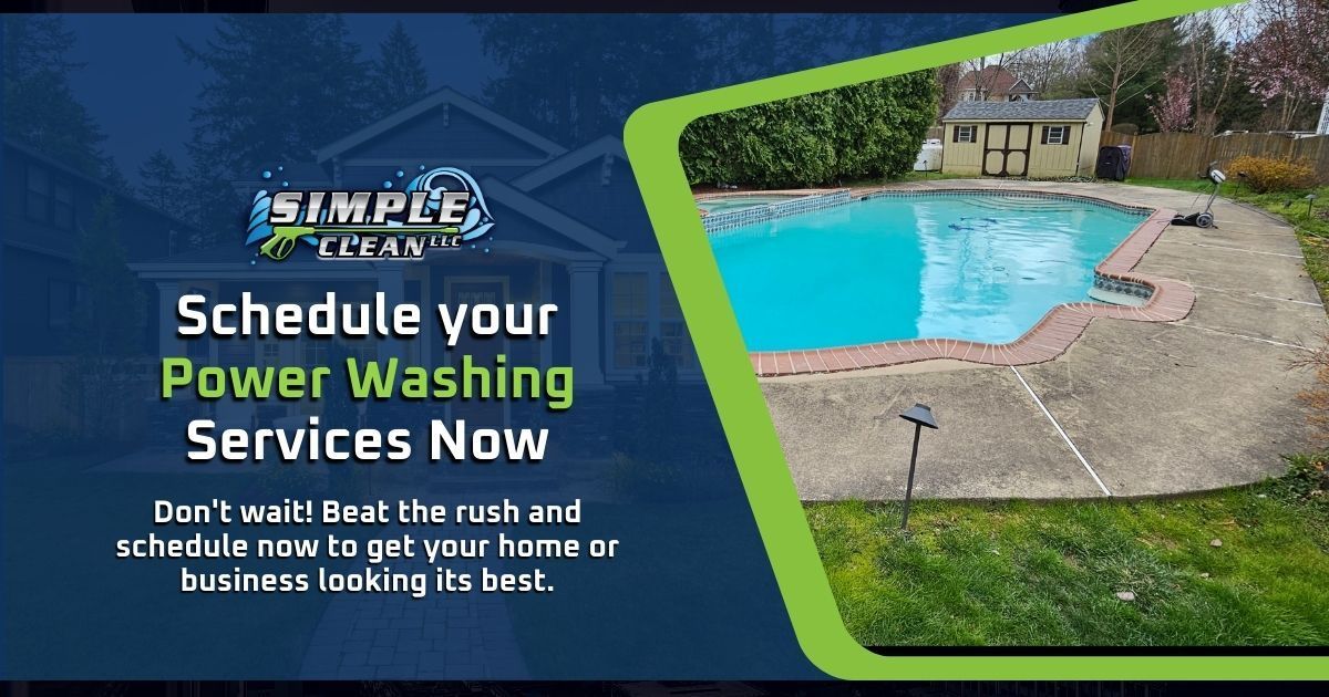 Advertisement: Power washing services, scheduling now. Features a house and a pool, with green and blue accents.