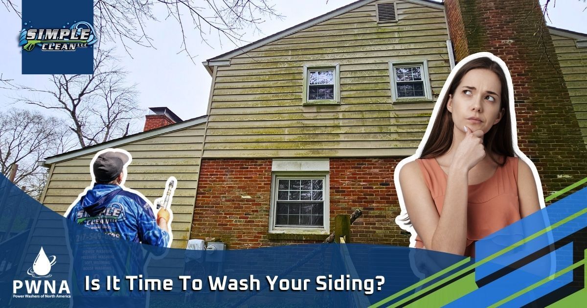 Woman pondering house washing. Moldy siding, brick, man washing, blue and yellow accents.