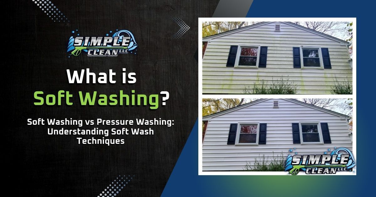 Presentation about soft washing, comparing before/after house cleaning. White house with black shutters, green text.
