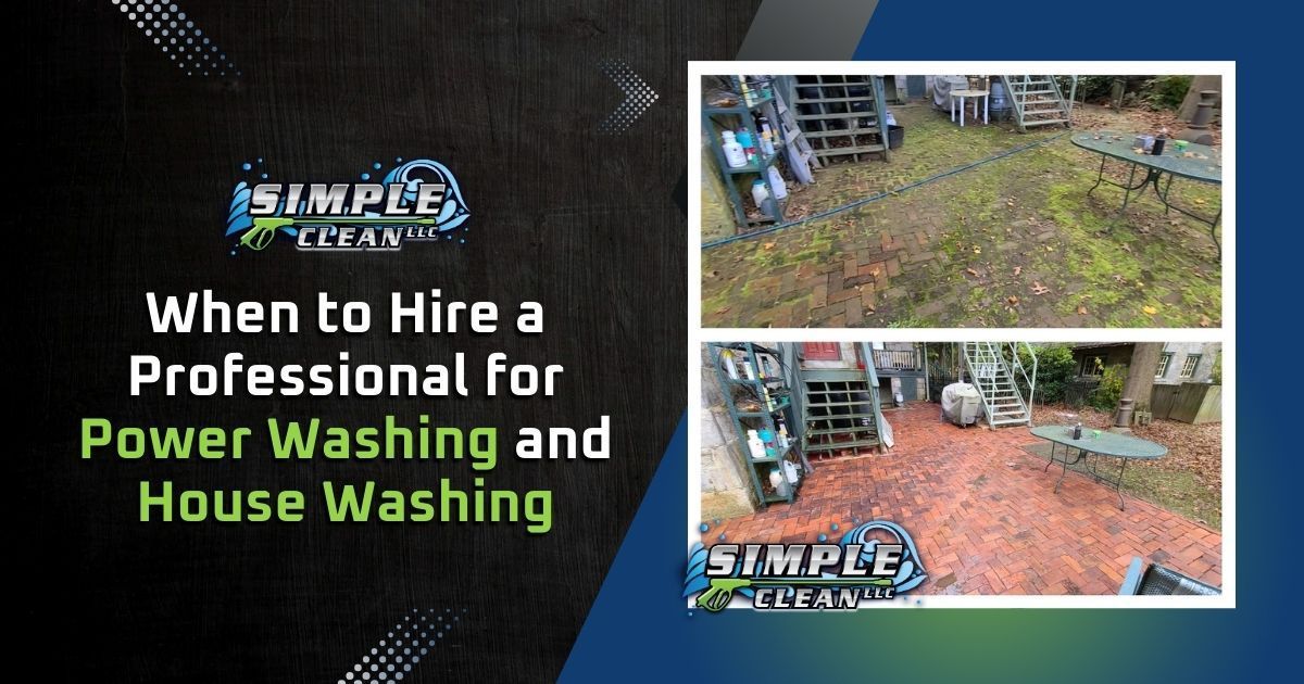 Graphic with before/after power washing. Top photo: dirty yard. Bottom photo: clean yard.