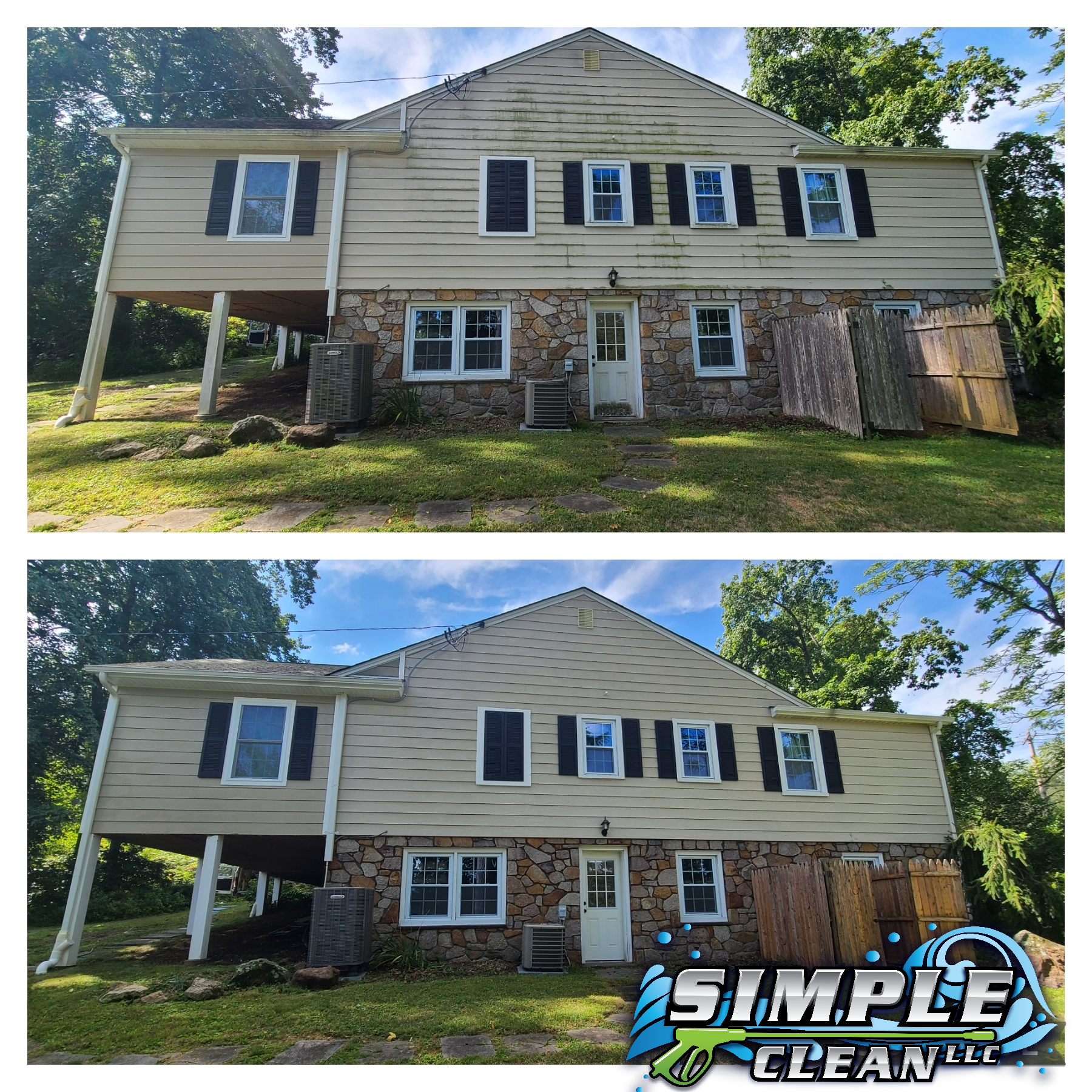 Before and after view of a two-story house after power washing; exterior is now clean.