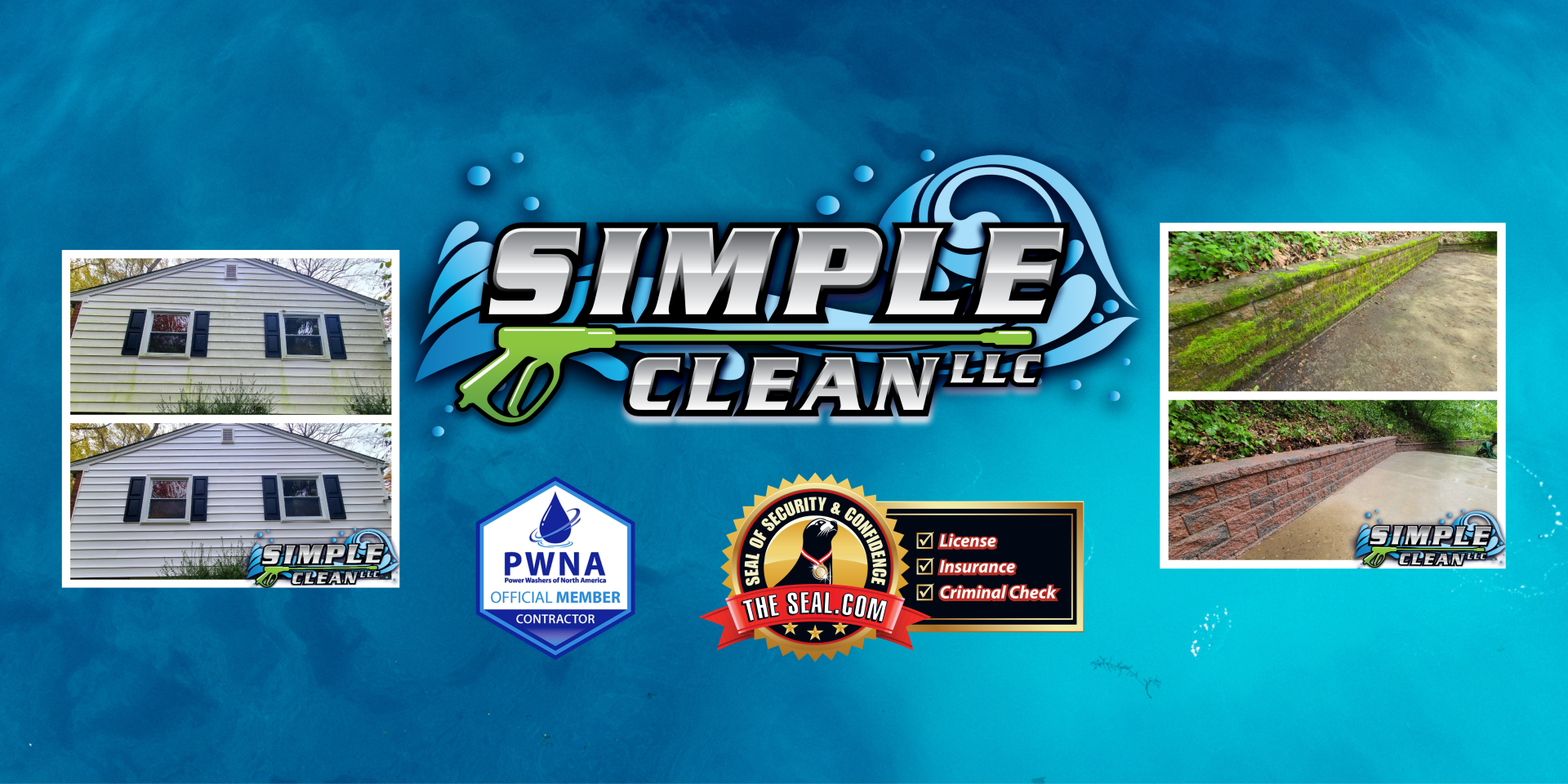Before and after shots of a house and walkway cleaned by Simple Clean LLC, with its logo and other credentials.