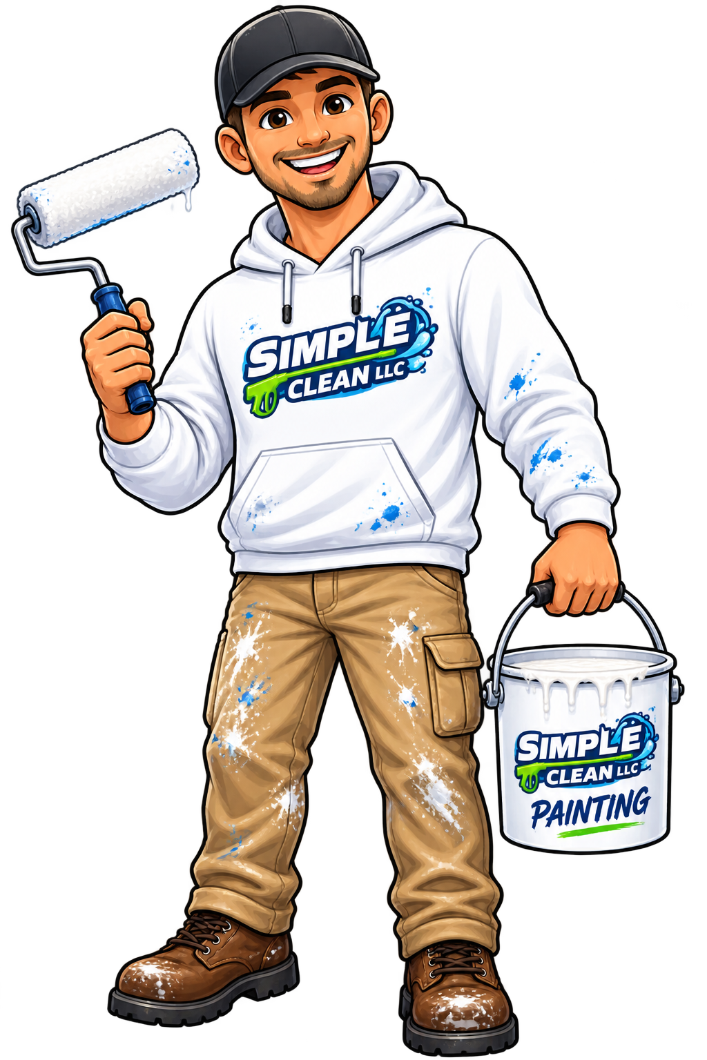 Man in blue hoodie with power washer; smiling, holding equipment.
