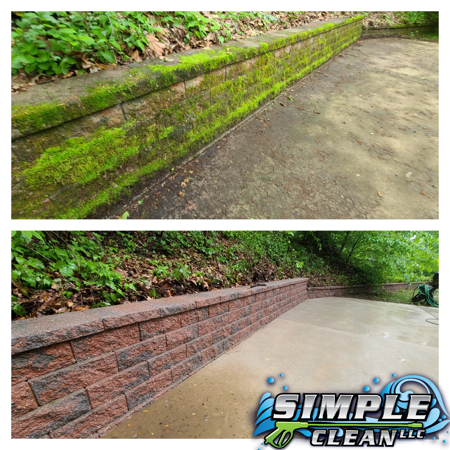 Before and after photo of a retaining wall and patio cleaning. Mossy wall transformed to clean red bricks.
