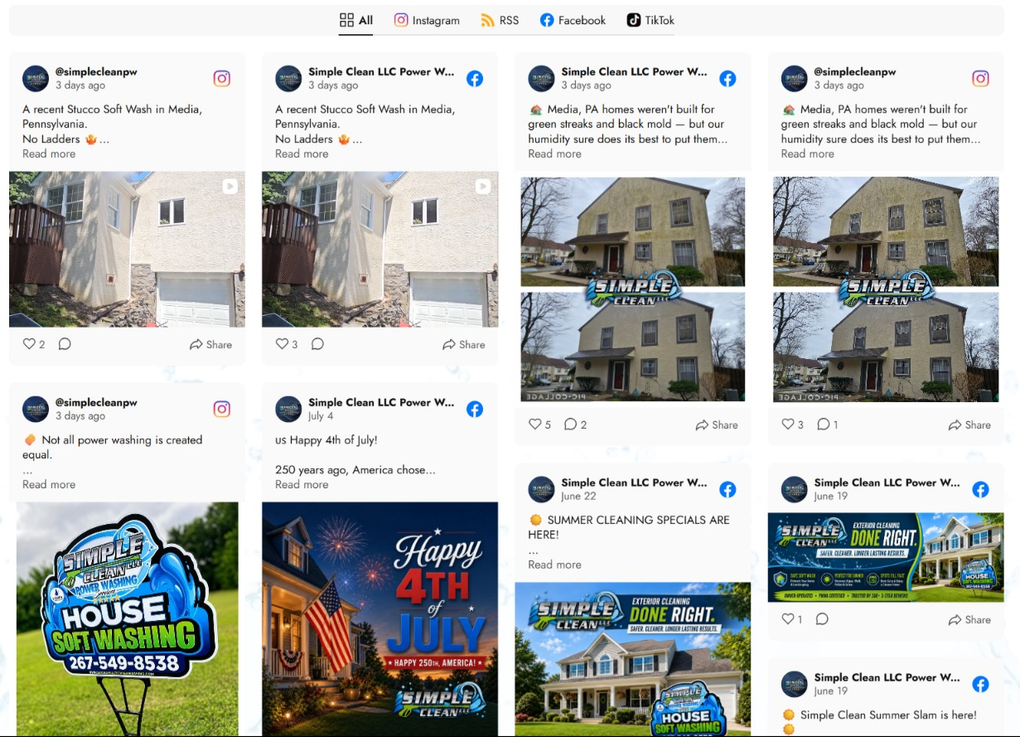 Social media feed with posts and house photos, including a bright house exterior and Fourth of July graphics