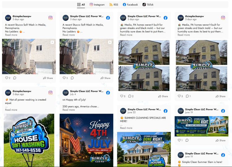 Social media feed with posts and house photos, including a bright house exterior and Fourth of July graphics