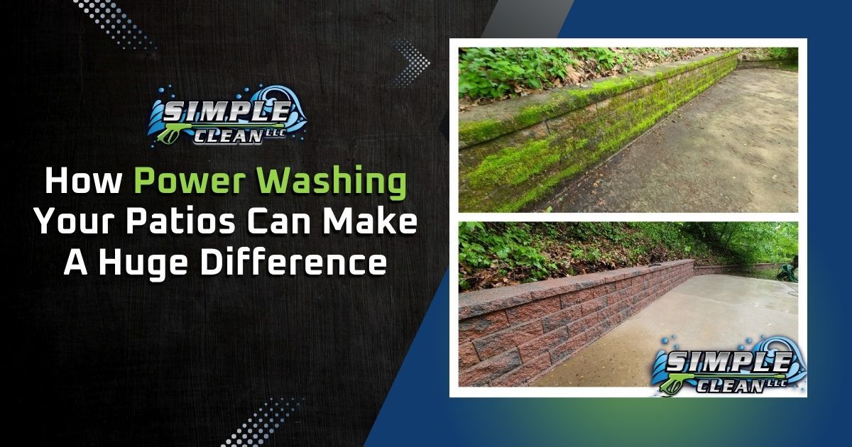 Before and after power washing images of a patio wall and floor, highlighting the cleaning process.