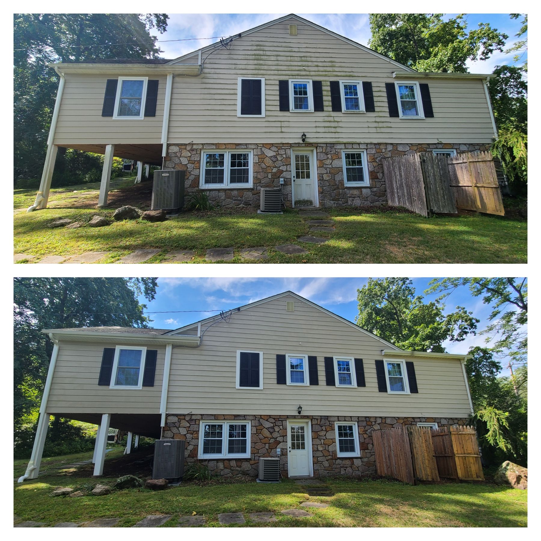 Two nearly identical photos of a beige house with blue shutters and brick supports, shown side by side.