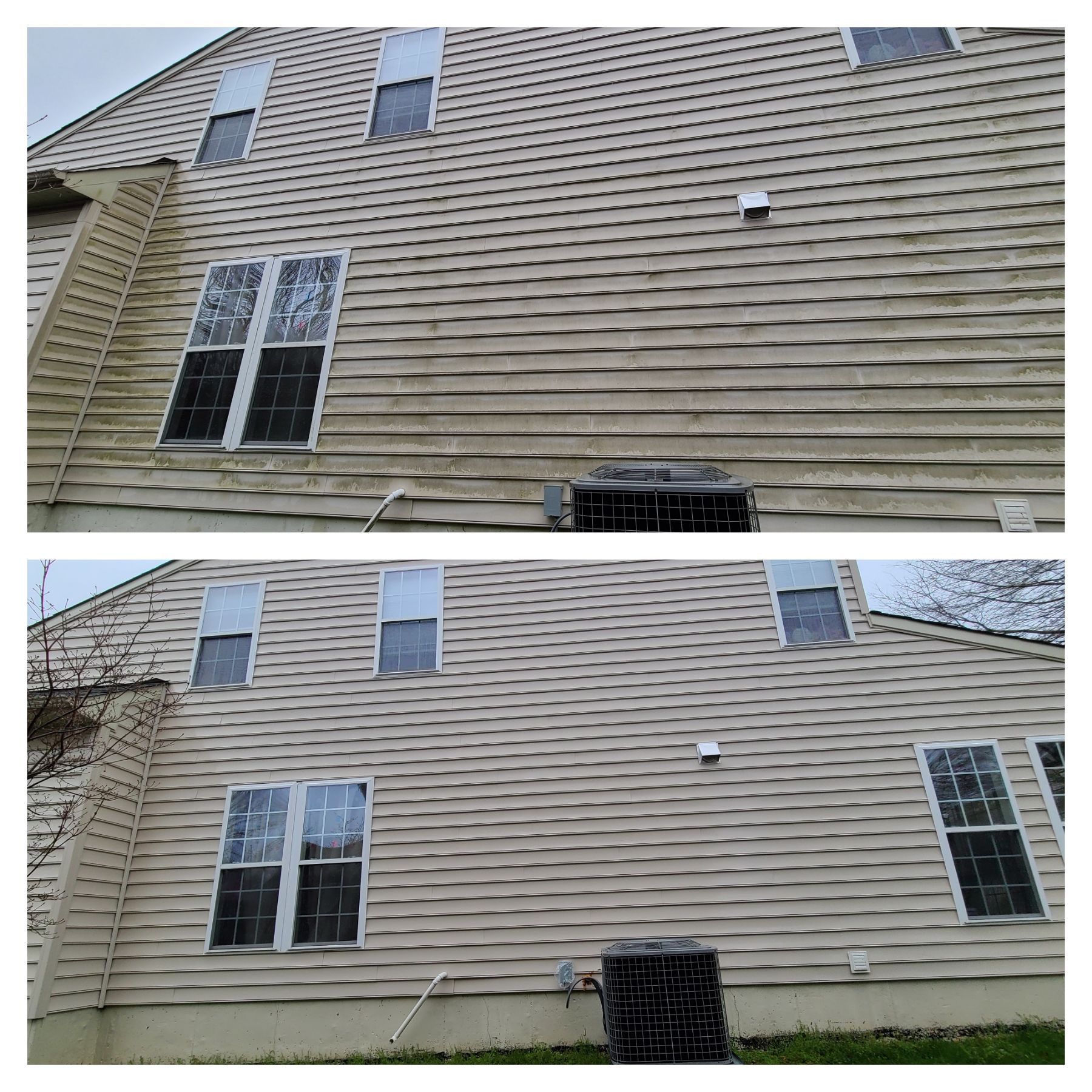 Before-and-after view of a house’s beige vinyl siding with windows and an AC unit.