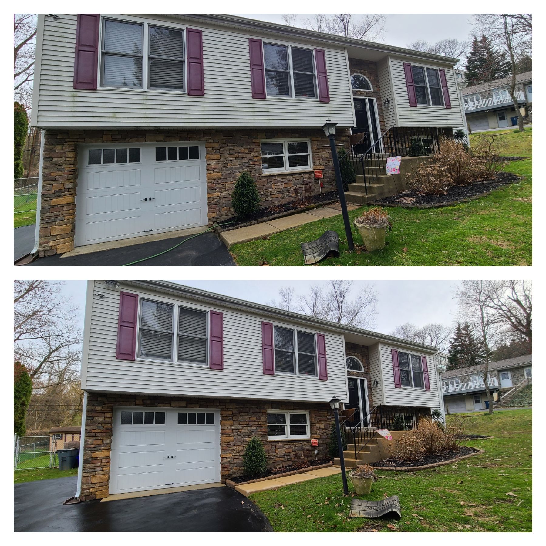 Split view of a two-story house exterior with garage, brick and siding facade, and purple shutters.