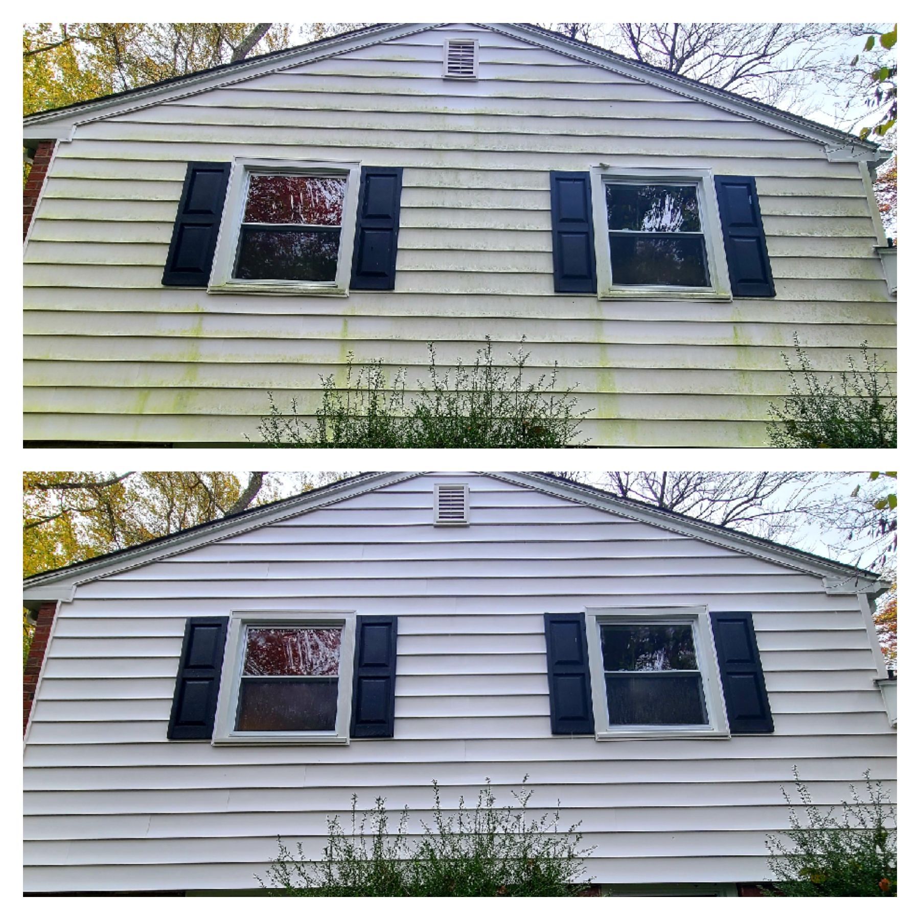 Before-and-after view of a house exterior with white siding and black shutters, showing changed windows.